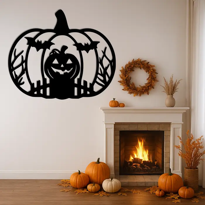 Dekorace Halloween na zeď – Dýně s netopýry Dekorace Halloween na zeď – Dýně s netopýry