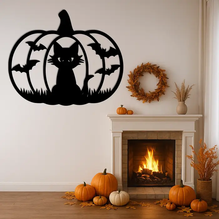 Dekorace Halloween na zeď – Kočka s netopýry Dekorace Halloween na zeď – Kočka s netopýry